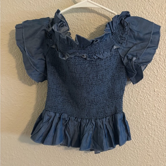 bebe Navy Ruffled Blouse - Picture 4 of 4